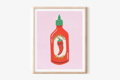 Hot Sauce Print, Hot Sauce Illustration, Kitchen Wall Art, Pink Food Art, Food Illustration, Chili Sauce Art, Condiment Print, Unframed Art