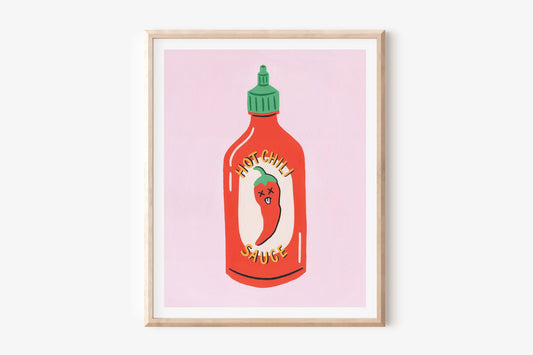 Hot Sauce Print, Hot Sauce Illustration, Kitchen Wall Art, Pink Food Art, Food Illustration, Chili Sauce Art, Condiment Print, Unframed Art