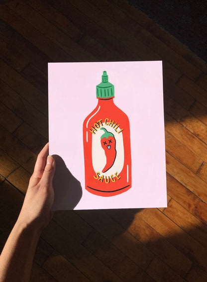 Hot Sauce Print, Hot Sauce Illustration, Kitchen Wall Art, Pink Food Art, Food Illustration, Chili Sauce Art, Condiment Print, Unframed Art