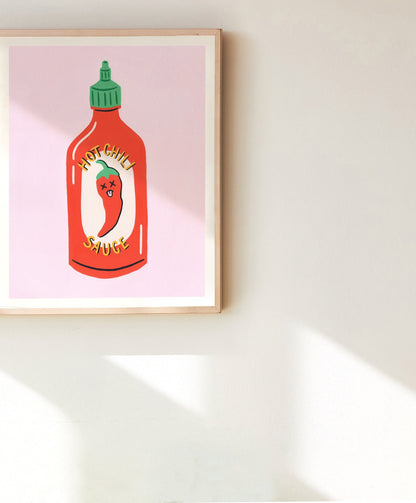 Hot Sauce Print, Hot Sauce Illustration, Kitchen Wall Art, Pink Food Art, Food Illustration, Chili Sauce Art, Condiment Print, Unframed Art